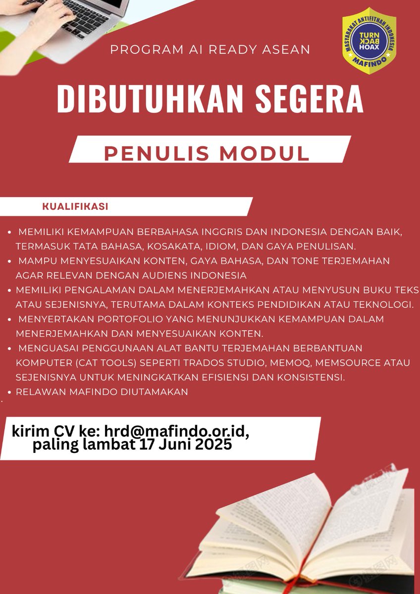 TurnBackHoax's tweet photo. Kawan Antihoaks, Mafindo membutuhkan segera Penulis Modul untuk program AI Ready ASEAN. 

Bagi yang memenuhi kualifikasi, bisa mengirimkan CV ke hrd@mafindo.or.id, paling lambat 17 Juni 2025.

#aireadyasean
#mafindo2025
#lowonganpenulis https://t.co/9Rr0iypo4P