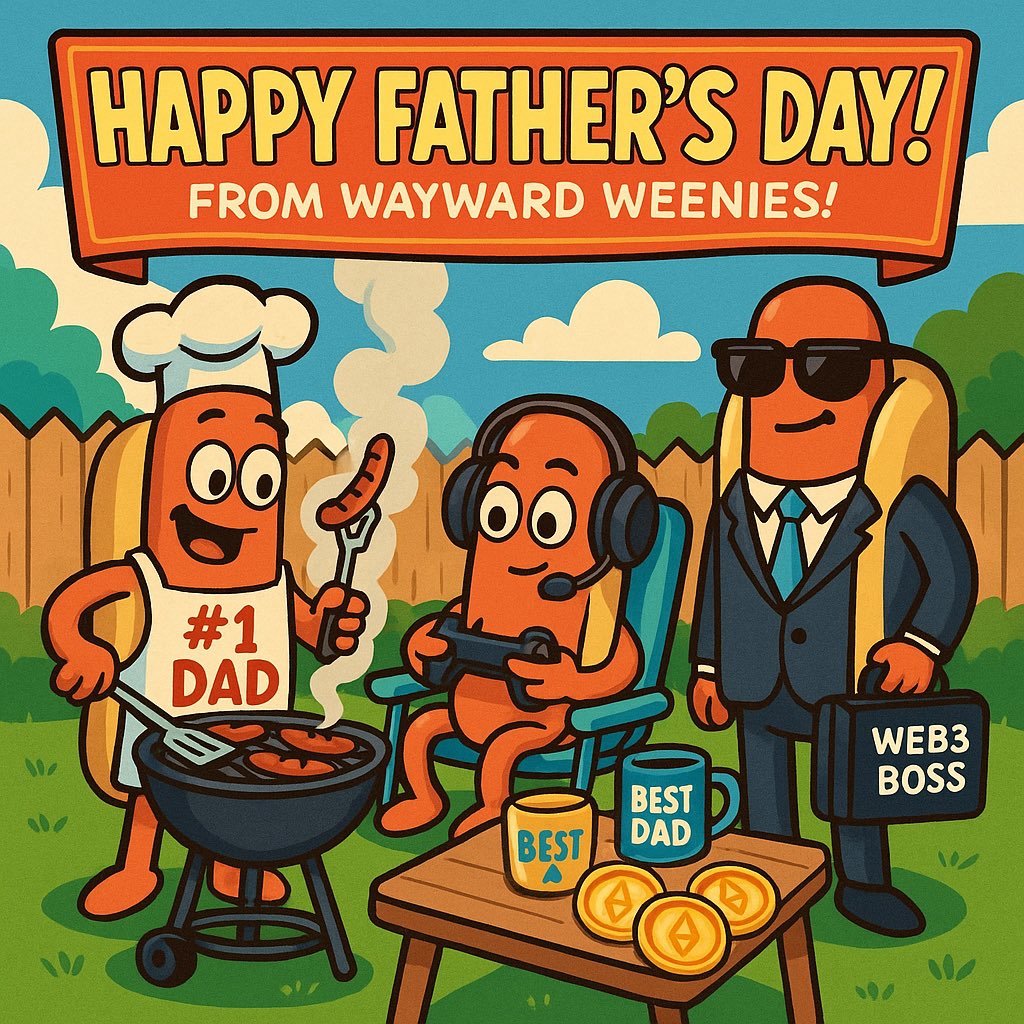 WaywardWeenies's tweet photo. To the dads who taught us how to grill, game, and grind—
Happy Father’s Day from the Weenieverse. 🌭🎮💪

Here’s to:
🧢 Legendary dad jokes
🔥 Mastering the BBQ
💼 Hustling in Web3

Whether you’re a dad or just built like one—today, we salute you.
@Polygon #TheFutureIsSizzling https://t.co/2EDJj5b9Zi