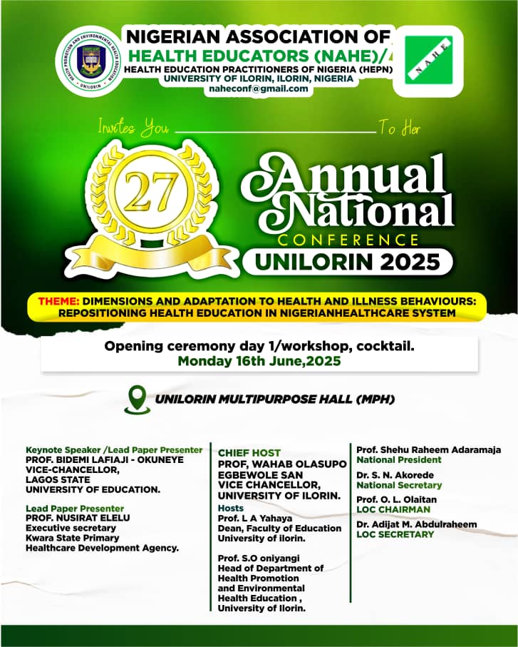UnilorinNGR's tweet photo. Join us at the Unilorin Multipurpose Hall on Monday (June 16, 2025) at 10am for the Nigerian Association of Health Educators' Annual National Conference. https://t.co/huJyVBSiN3