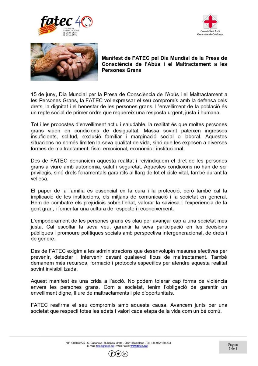 Neus Munté 🎗 (@neusmunte) on Twitter photo Avui, Dia Mundial de la Presa de consciència de l'abús i maltractament de les persones grans, des de <a href="/Junts_BCN/">Junts per Barcelona</a> ens fem ressò del Manifest de <a href="/Fatec/">Fatec, Gent Gran CAT</a> i reafirmen el nostre compromís amb la defensa dels drets, dignitat i benestar de les persones grans. Avui, Dia Mundial de la Presa de consciència de l'abús i maltractament de les persones grans, des de <a href="/Junts_BCN/">Junts per Barcelona</a> ens fem ressò del Manifest de <a href="/Fatec/">Fatec, Gent Gran CAT</a> i reafirmen el nostre compromís amb la defensa dels drets, dignitat i benestar de les persones grans.
