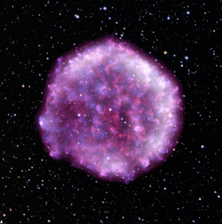 Cosmic Flower.

This is a cosmic remnant of Tycho's supernova, which resembles a flower in its shape and colors. This object was formed as a result of a star explosion that was visible from Earth in 1572. The remnant consists of many bright clouds of gas that are expanding from