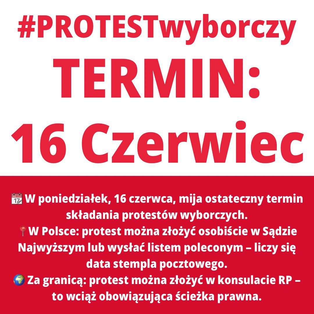 🟥 Chcesz złożyć protest wyborczy? Zrób to łatwo i skutecznie.
Nie musisz iść na pocztę — biura poselskie w Polsce przyjmują protesty na miejscu.
Przyjdź, wydrukuj i podpisz – wszystko na miejscu.
Zostawiony protest zostanie wysłany zbiorczo.

📍 DZIŚ – POZNAŃ
Biuro Posła