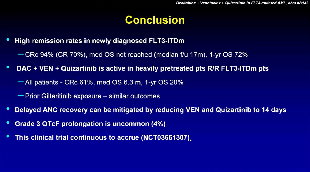 AML Hub (@aml_hub) on Twitter photo CONGRESS | #EHA2025 | PRESENTATION
<a href="/MusaYilmazMD/">Musa Yilmaz, MD</a> <a href="/MDAndersonNews/">MD Anderson Cancer Center</a> shares updated results from a phase I/II trial of decitabine (DAC), venetoclax (VEN), plus quizartinib in newly diagnosed (n = 30) and R/R (n = 46) FLT3-ITDm AML.
DAC+VEN+quizartinib response rates were high in the CONGRESS | #EHA2025 | PRESENTATION
<a href="/MusaYilmazMD/">Musa Yilmaz, MD</a> <a href="/MDAndersonNews/">MD Anderson Cancer Center</a> shares updated results from a phase I/II trial of decitabine (DAC), venetoclax (VEN), plus quizartinib in newly diagnosed (n = 30) and R/R (n = 46) FLT3-ITDm AML.
DAC+VEN+quizartinib response rates were high in the