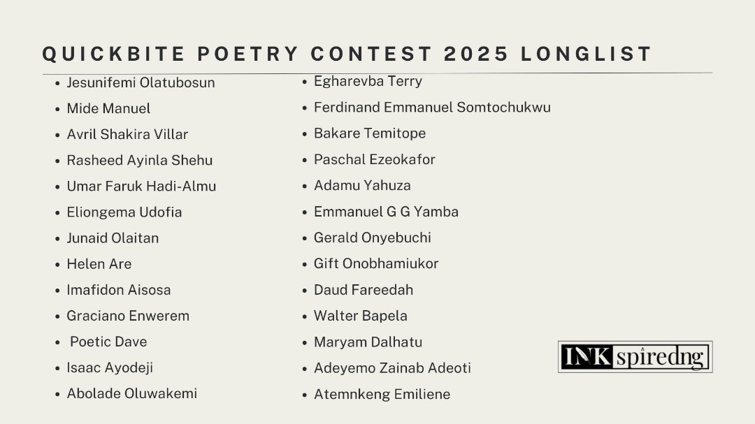 JB_INKspired's tweet image. Hello guys! This is the update you've been expecting.
Our readers have trimmed the 93 entries for the QuickBite contest down to a longlist of 26.
Here are the poets who made the cut: