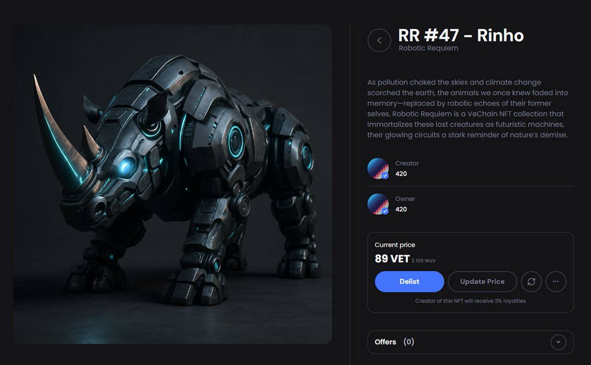RR #47 - Rinho

"As pollution choked the skies and climate change scorched the earth, the animals we once knew faded into memory" - Robotic Requiem -

#VeChain #NFT #VeChainHasNFTs