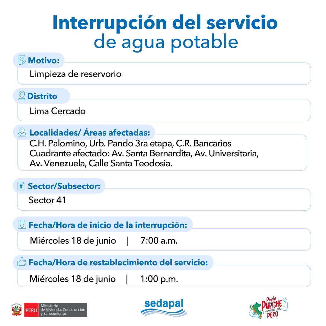 SedapalOficial's tweet photo. 📝 Atención vecinos de #LimaCercado, con el fin de mejorar la calidad del servicio, #Sedapal tiene trabajos programados para el 18 de Junio por lo que se interrumpirá parcialmente el servicio de agua en algunos sectores. Más detalles aquí 👇#InterrupciónDelServicio https://t.co/ZgafrnuLOU