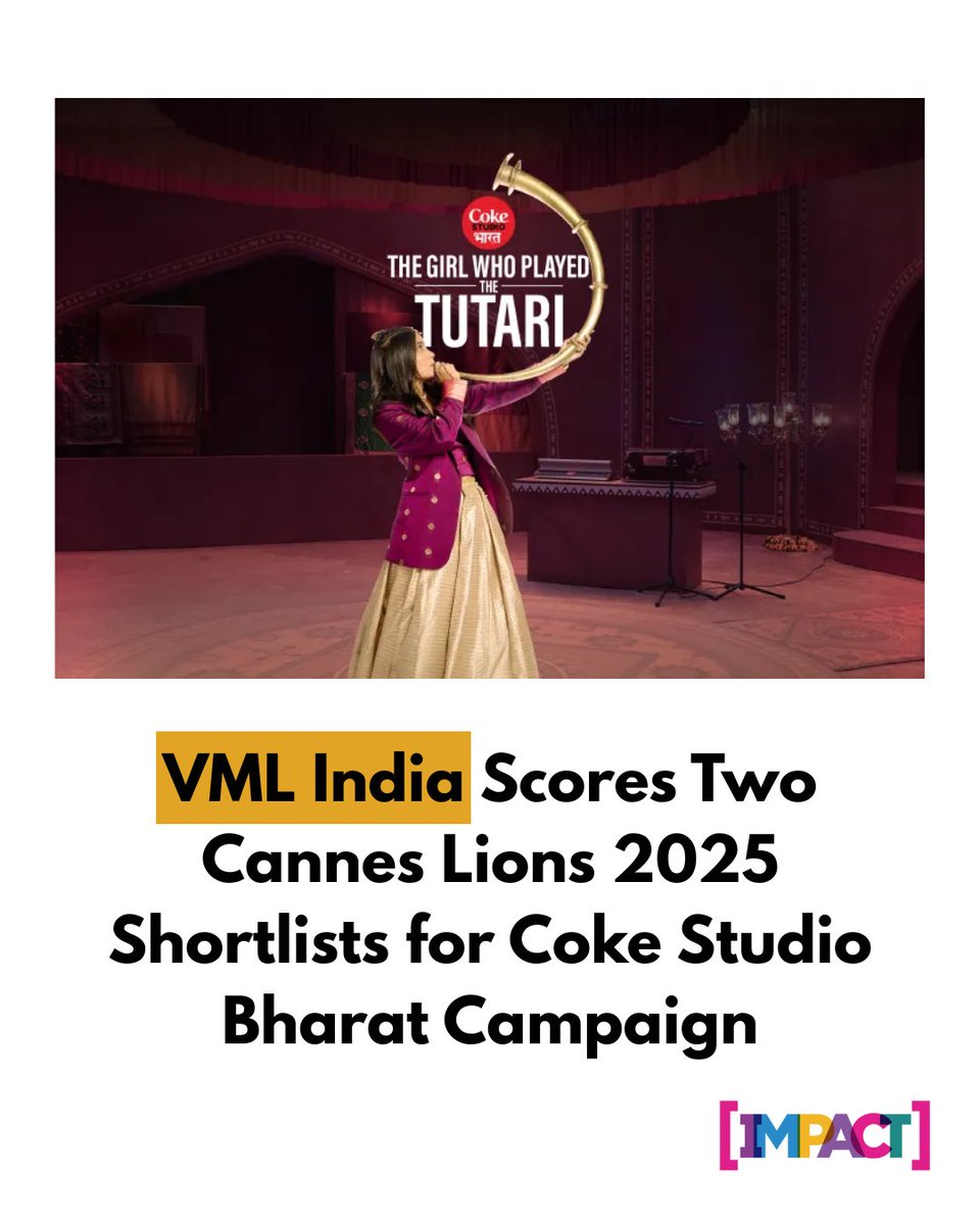 Impact Magazine (@impact_onnet) on Twitter photo VML India has earned two prestigious shortlists at the 2025 Cannes Lions International Festival of Creativity for its standout campaign, 'The Girl Who Played the Tutari,' created for Coca-Cola’s Coke Studio Bharat.
Read more on - impactonnet.com/cannes-lions-2…
<a href="/neetanairhere/">Neeta Nair</a> #VML VML India has earned two prestigious shortlists at the 2025 Cannes Lions International Festival of Creativity for its standout campaign, 'The Girl Who Played the Tutari,' created for Coca-Cola’s Coke Studio Bharat.
Read more on - impactonnet.com/cannes-lions-2…
<a href="/neetanairhere/">Neeta Nair</a> #VML