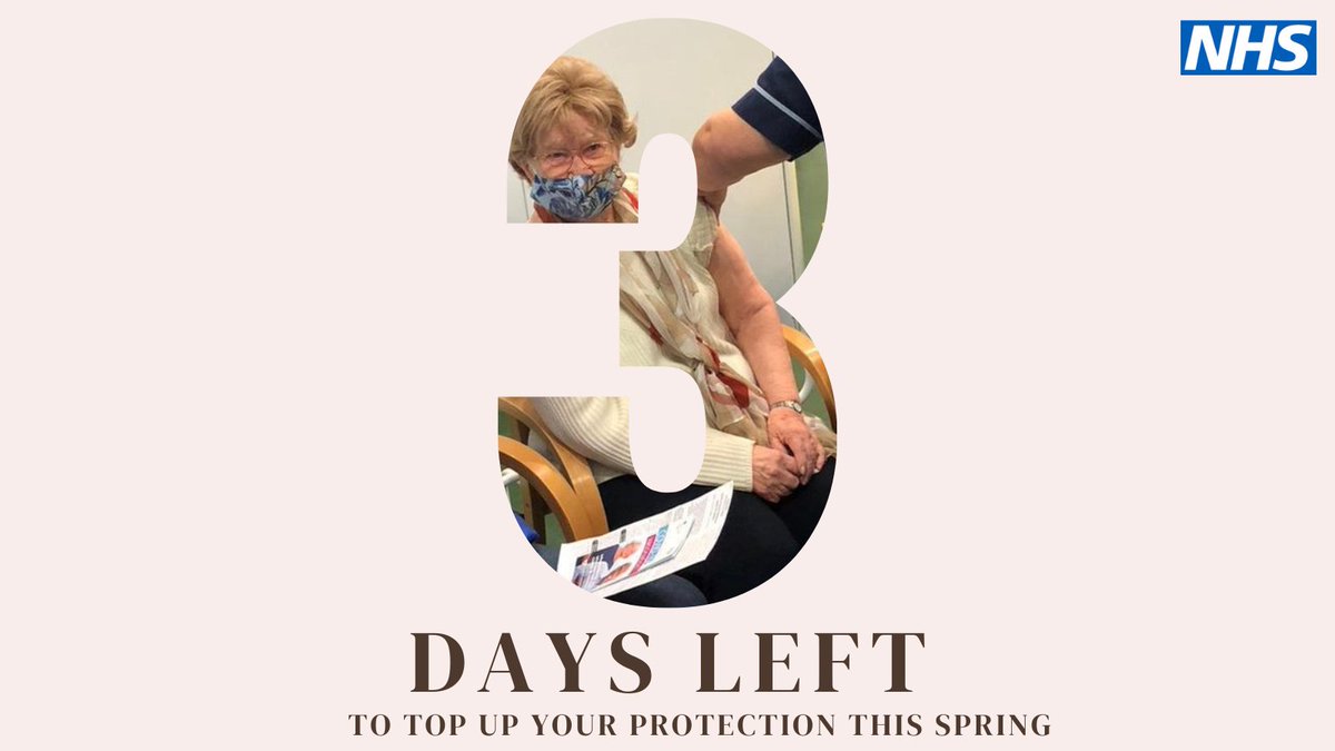 Final days! Don't miss your chance to get the spring COVID-19 vaccine for free on the NHS. Stay safe and healthy! Thousands of walk-in appointments available.

More information here: ow.ly/AV6c50W8UyZ

#SpringVaccs