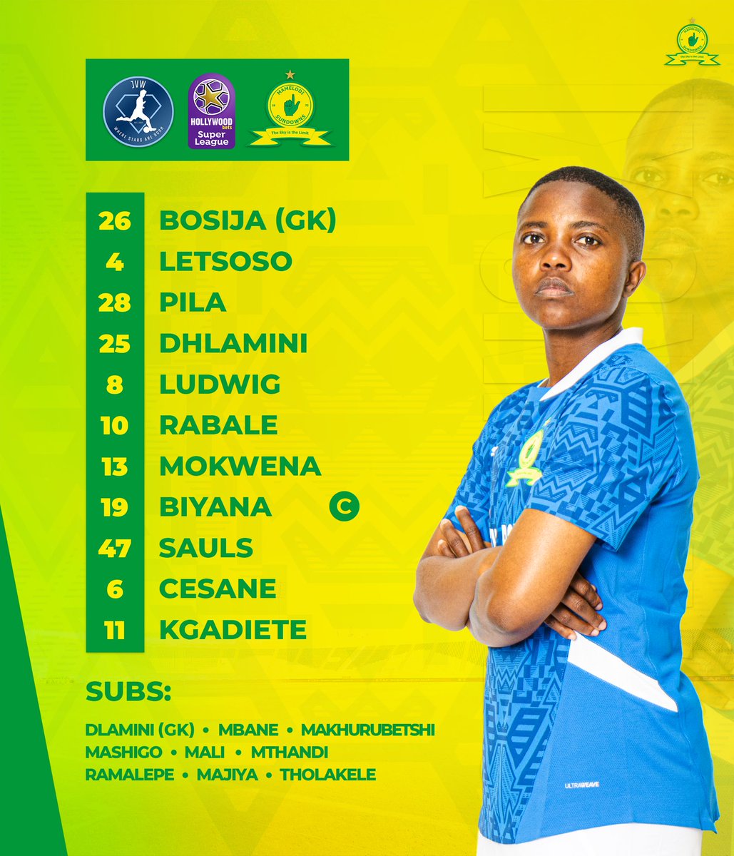 🚨𝙎𝙏𝘼𝙍𝙏𝙄𝙉𝙂 𝙓𝙄🚨

🆚JVW 
⏰15H00
🏟UJ Soweto stadium 
📺 SABC 1 

#SundownsLadies #HWBSL