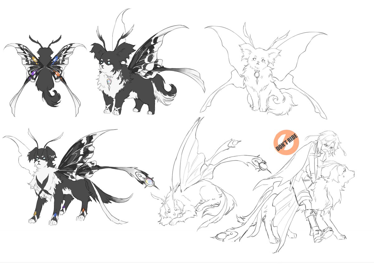 FeileacanCu's tweet photo. And now that we've shared their visuals, here's the design sheet for the #Pupals that I couldn't share before because it had the children in it.

At age 4, Widow  ̶t̶o̶r̶t̶u̶r̶e̶s̶ plays with the Pupals the most.
9-year-old Ewe takes care of one of the smaller Pupal as if it's a sibling, and 10-year-old Cub has trained his large Pupal to help patrol for danger.

Art by @Sakuraba_Mu