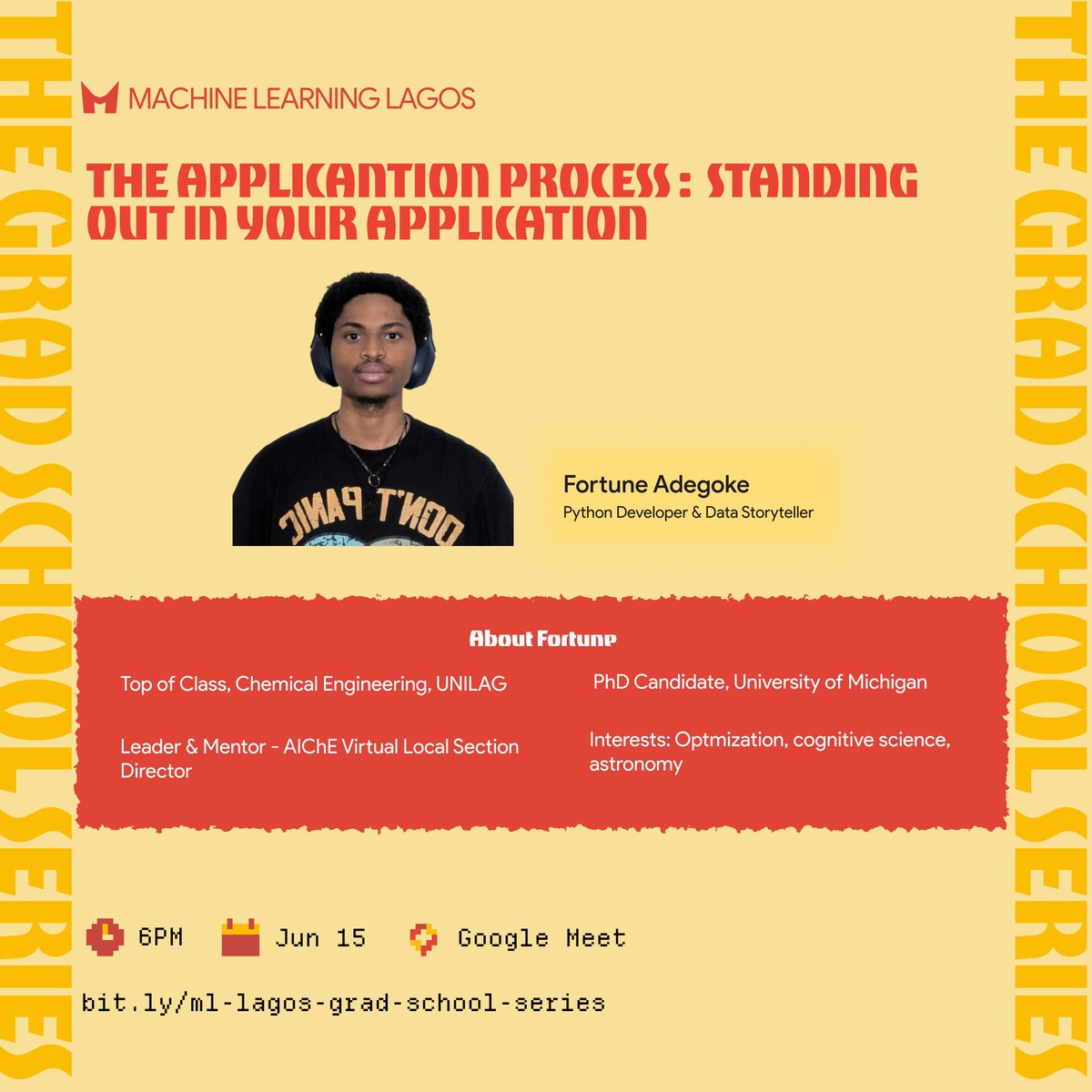 Délé 🌍 (@_akindele_mike) on Twitter photo 🎓 Week 2 of The Grad School Series is TODAY!
🗓️ June 15 | 🕕 6 PM WAT
🎙️ Fortune Adekogbe (PhD, Univ. of Michigan)
💡 Topic: The Application Process – Standing Out
📍Online & free
🔗 Register: bit.ly/ml-lagos-grad-…
#GradSchoolSeries
For: <a href="/mlinlagos/">Machine Learning Lagos</a> 🎓 Week 2 of The Grad School Series is TODAY!
🗓️ June 15 | 🕕 6 PM WAT
🎙️ Fortune Adekogbe (PhD, Univ. of Michigan)
💡 Topic: The Application Process – Standing Out
📍Online & free
🔗 Register: bit.ly/ml-lagos-grad-…
#GradSchoolSeries
For: <a href="/mlinlagos/">Machine Learning Lagos</a>