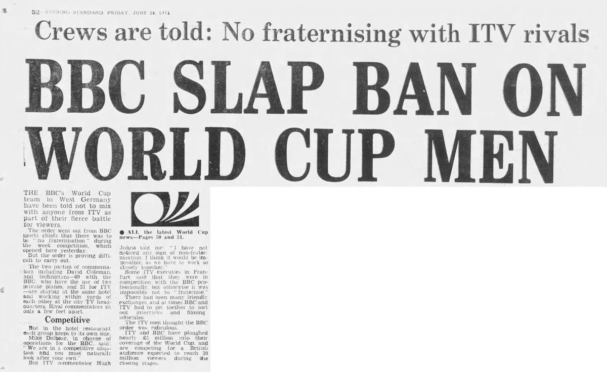 TV Football 1968-92 (@1968tv) on Twitter photo Back in 1974 the BBC & ITV were battling for World Cup TV ratings.
They were told ‘No Fraternisation’ in the tournament with their rivals!
Courtesy of <a href="/Fan89Footy/">The year is 1974</a> Back in 1974 the BBC & ITV were battling for World Cup TV ratings.
They were told ‘No Fraternisation’ in the tournament with their rivals!
Courtesy of <a href="/Fan89Footy/">The year is 1974</a>