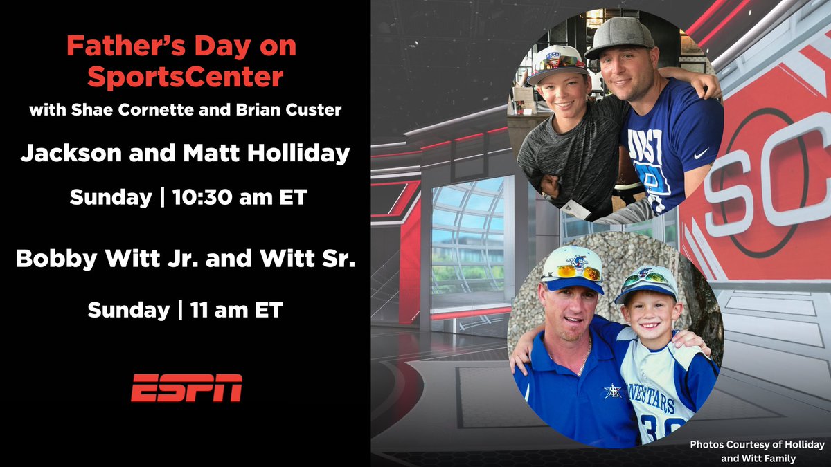 ESPN PR (@espnpr) on Twitter photo Sunday, <a href="/SportsCenter/">SportsCenter</a> celebrates Father's Day with two MLB father-son duos, sitting down with <a href="/shaepeppler/">Shae Cornette</a> & <a href="/BCusterTV/">Brian Custer</a>
⚾️ <a href="/Orioles/">Baltimore Orioles</a> infielder Jackson Holliday & former MLB outfielder Matt Holliday
⚾️ <a href="/Royals/">Kansas City Royals</a> shortstop Bobby Witt Jr. & former MLB pitcher Bobby Witt Sr. Sunday, <a href="/SportsCenter/">SportsCenter</a> celebrates Father's Day with two MLB father-son duos, sitting down with <a href="/shaepeppler/">Shae Cornette</a> & <a href="/BCusterTV/">Brian Custer</a>
⚾️ <a href="/Orioles/">Baltimore Orioles</a> infielder Jackson Holliday & former MLB outfielder Matt Holliday
⚾️ <a href="/Royals/">Kansas City Royals</a> shortstop Bobby Witt Jr. & former MLB pitcher Bobby Witt Sr.