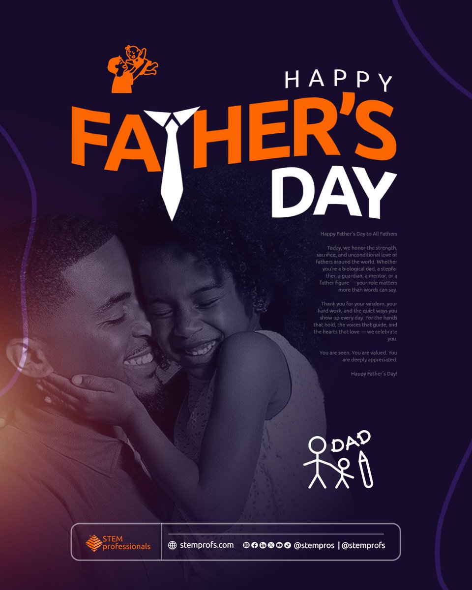 stempros's tweet photo. Today, we celebrate the fathers who inspire innovation, support dreams, and help build the next generation of thinkers, doers, and leaders.

Happy Father’s Day from all of us at STEM Professionals.

#FathersDay202  #STEMDads #DadsWhoBuild #FutureMakers #STEMProfessionals https://t.co/qWxzcCyRLD