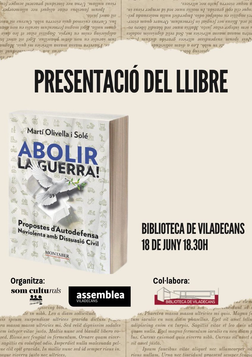 Aquesta setmana reivindiquem l'abolició de les guerras amb la presentació de 2 llibres, dilluns i dimecres a les 18:30h. a la #bibliotecadeviladecans

@elsnourals 
#somculturals 
#somllibreria 
#somcooperativa 
#somproximitat