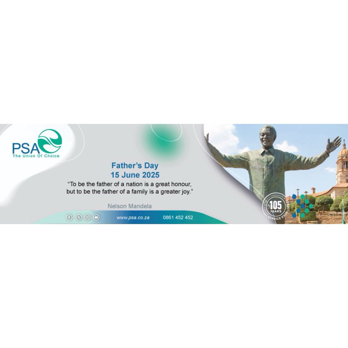 unionofchoice's tweet photo. Honouring the strength and love of fathers this #FathersDay.
βTo be the father of a nation is a great honour, but to be the father of a family is a greater joy.β β Nelson Mandela π
#PSACares #105YearsOfService #UnionOfChoice https://t.co/VxAQdrI5Hu