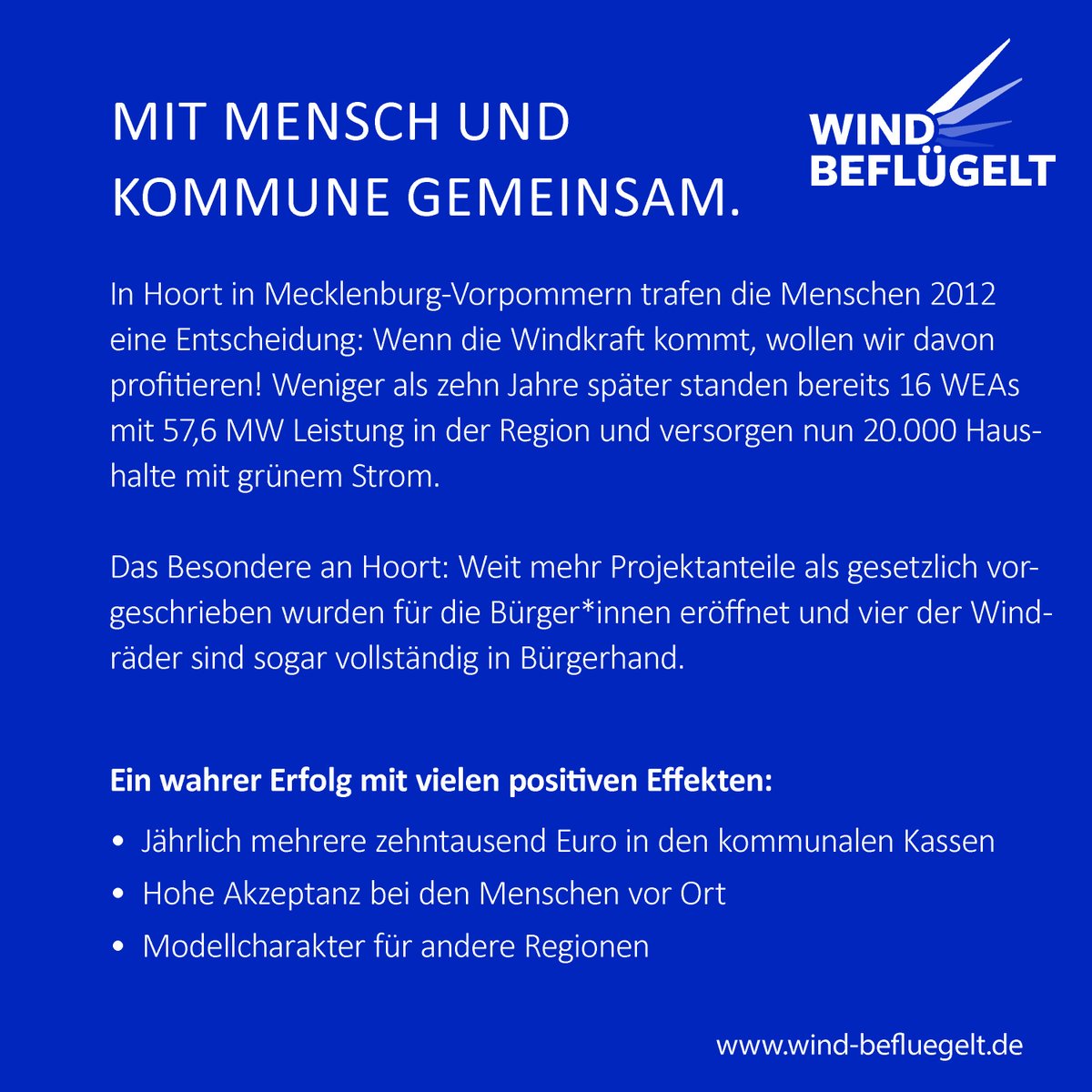 ⚡ Nicht über die Köpfe hinweg, sondern mit den  Menschen gemeinsam – Das lebt die Gemeinde Hoort in  MV mit ihrem Windpark-Projekt, welches wir heute zum #GlobalWindDay vorstellen möchten!

Mehr dazu auf der Wind beflügelt Webseite: wind-befluegelt.de/erfolgsgeschic…
#sowaskommtvonsowas