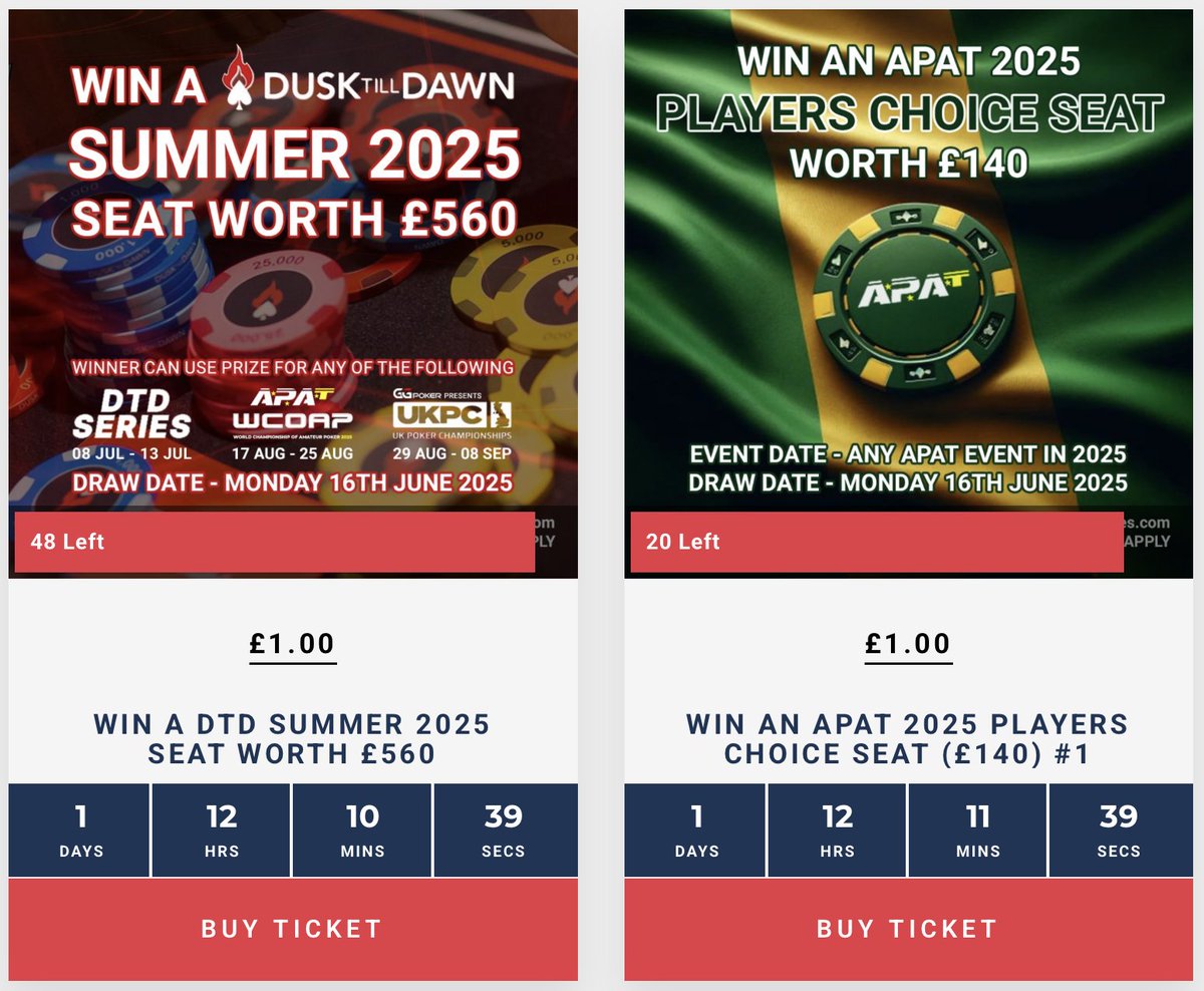 Leigh Wiltshire (@chipaccrual) on Twitter photo 36hrs left until this weeks livestream draws on Poker Raffles, just a handful of tickets left for our <a href="/DTD_Club/">Dusk Till Dawn</a> & <a href="/apatpoker/">Amateur Poker Association & Tour</a> draws, don't miss out !!!!
Get your £1 tickets at pokerraffles.com
18+ UK&IRE Only | Play Responsibly 36hrs left until this weeks livestream draws on Poker Raffles, just a handful of tickets left for our <a href="/DTD_Club/">Dusk Till Dawn</a> & <a href="/apatpoker/">Amateur Poker Association & Tour</a> draws, don't miss out !!!!
Get your £1 tickets at pokerraffles.com
18+ UK&IRE Only | Play Responsibly