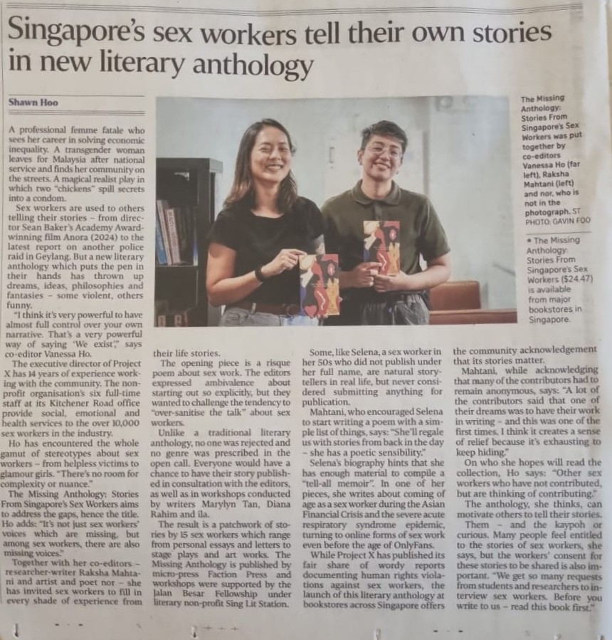 factionpress's tweet photo. A huge thank you to Shawn Hoo for interviewing Vanessa Ho and Raksha Mahtani – two of three editors of @ProjectX_SG's The Missing Anthology: Stories from Singapore's Sex Workers – in @straits_times! ✨🎉 You can read the full interview here: https://t.co/YiaQG90jvO https://t.co/ZG69WK1oal
