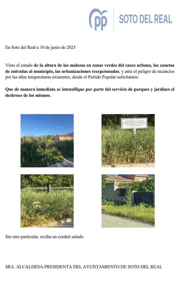 PPSotodlReal's tweet image. La semana pasada lo denunciamos, pero nada.
Esta semana, ante la inacción de la alcaldesa, se lo solicitamos formalmente por escrito en el Ayuntamiento.
Esperamos que actúe rápidamente.