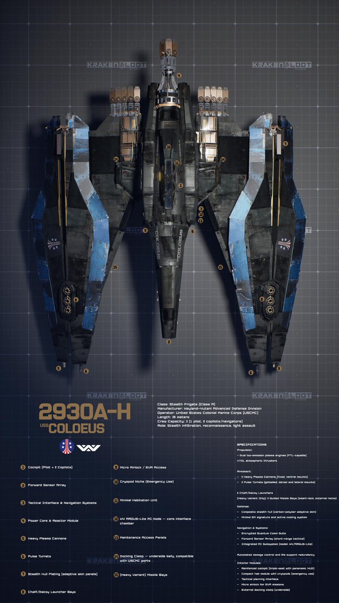 SimonLadason's tweet photo. Introducing the USS Coloeus 2930A-H, the heavy stealth frigate variant from Weyland-Yutani. Missile-equipped, cloaked, and lethal. Built for silent strikes in the ALIEN universe.
#SciFi #ALIENRPG #ConceptArt #SpaceshipDesign #Worldbuilding #WeylandYutani #USCMC https://t.co/QLLIk30AAO