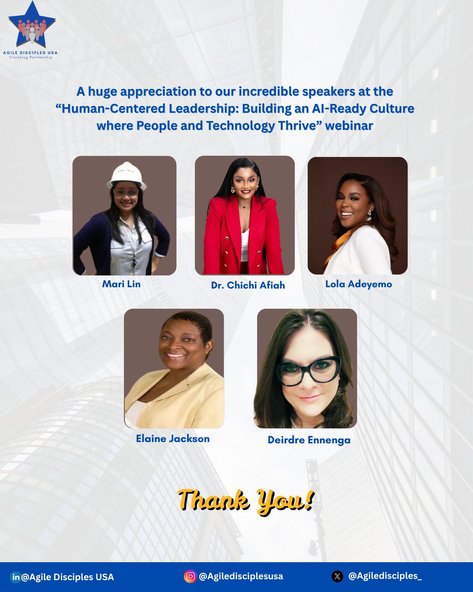 Agiledisciples_'s tweet photo. A big thank you to our speakers &amp; everyone who joined the Human-Centered Leadership webinar! 💡

🎥 Missed it? Watch the recap: https://t.co/xusoj6ADhn

#HumanCenteredLeadership #AIReady #AgileDisciplesUSA https://t.co/mmOYb4bJTo