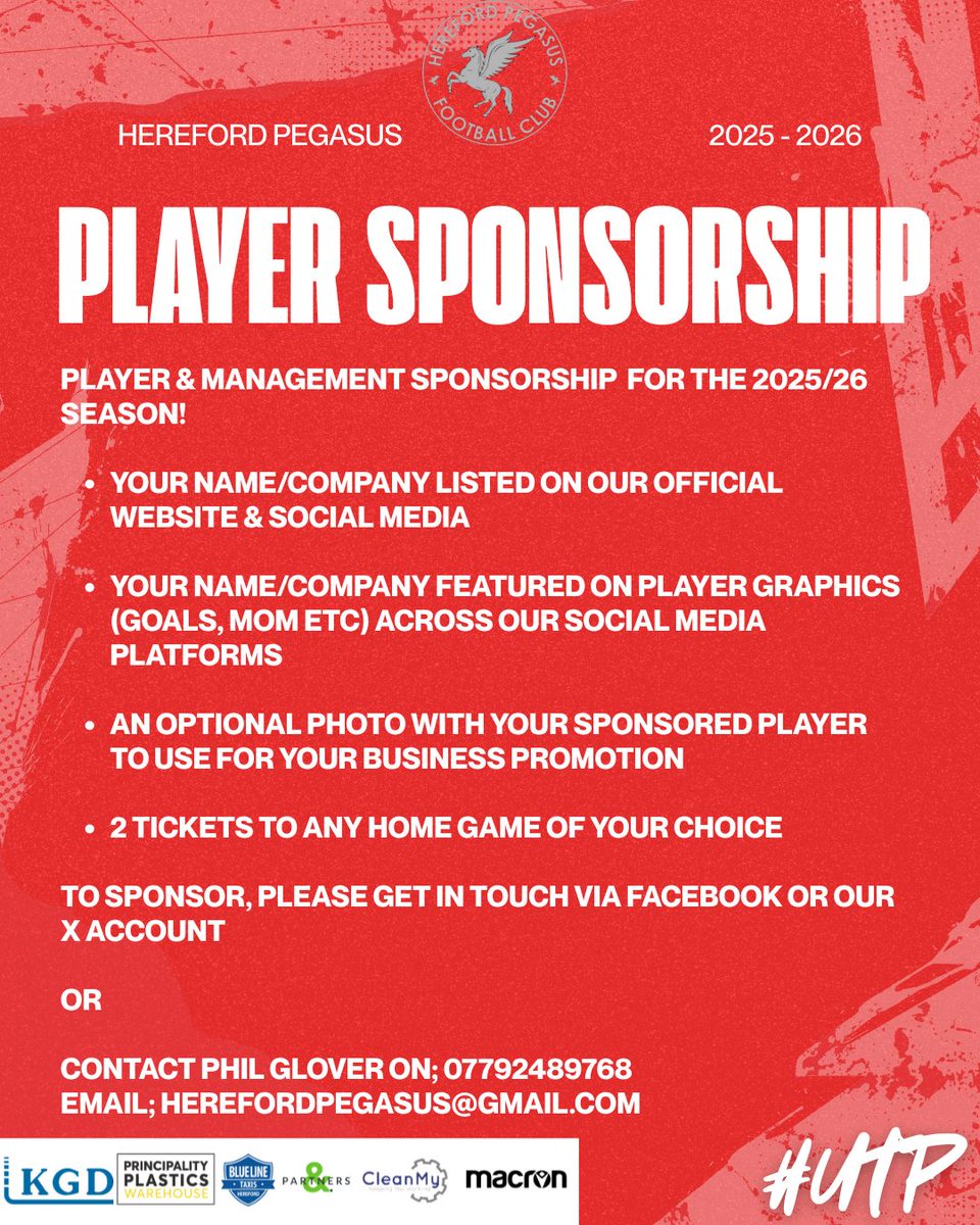 HerefordPegasus's tweet image. PLAYER SPONSORSHIP | It’s been a busy week behind the scenes at the KGD stadium this week! With another busy week ahead with plenty of big announcements to come! 

If you’d like to kindly sponsor a player of your choice, please see details below! 

#UTP🔴⚪️