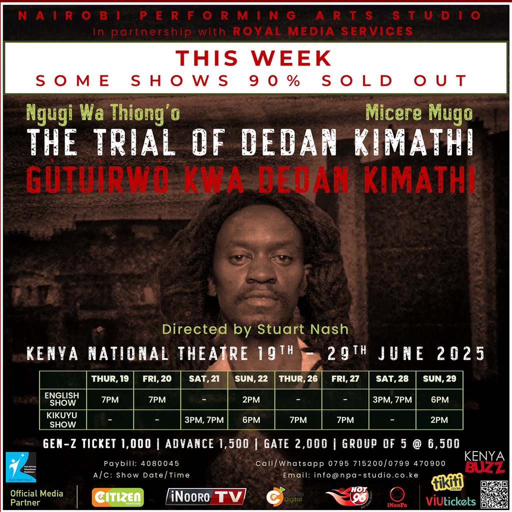 WITNESS HISTORY COME ALIVE ON STAGE!

From the Director of I Will Marry When I Want and Sarafina. 

KENYA NATIONAL THEATRE
19-29 June 2025

Info Call/Whatsapp 0795 715200

TICKETING PLATFORMS:

kenyabuzz.com/events/event/t…

tikiti.co.ke/e/the-trial-of…