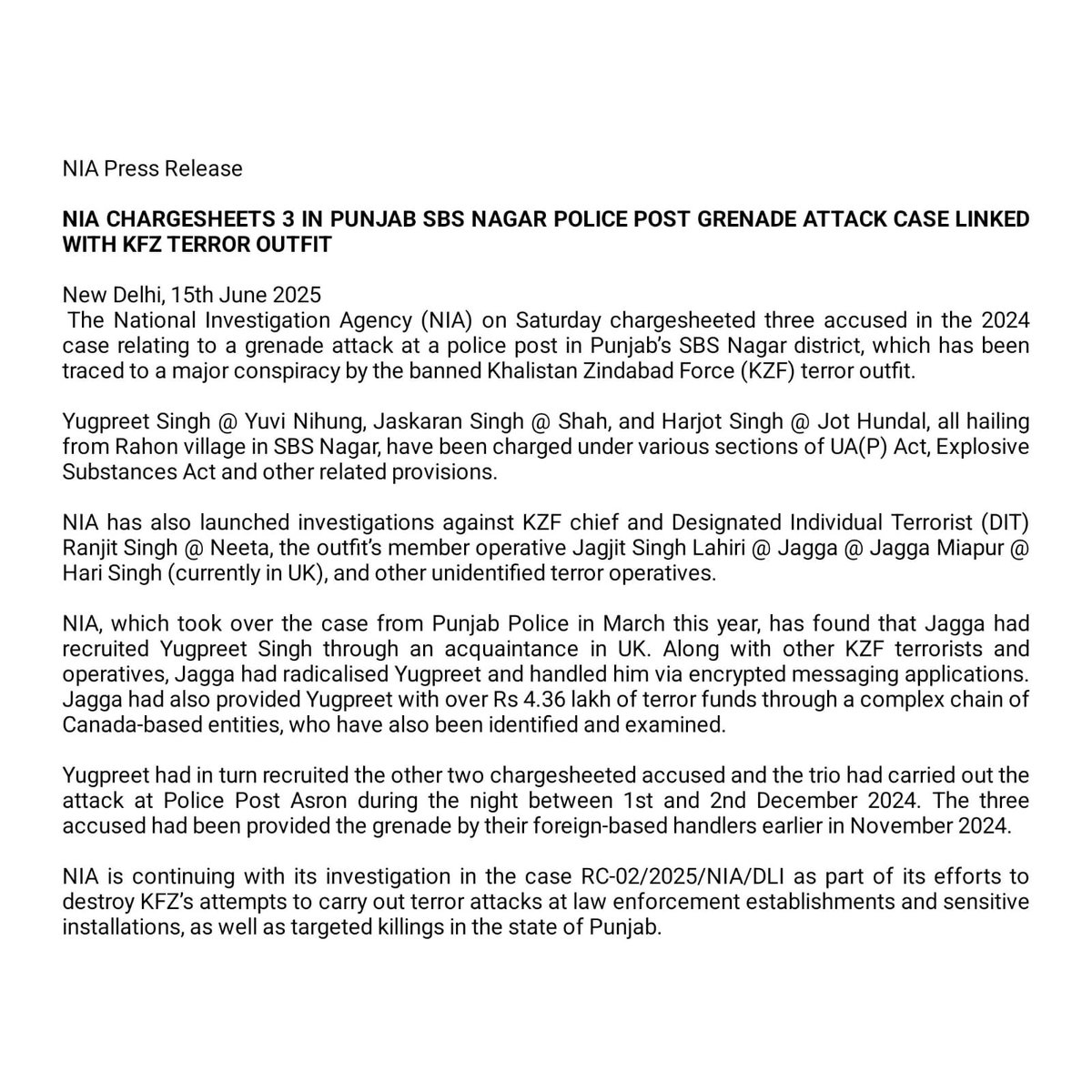 NIA Chargesheets 3 in Punjab SBS Nagar Police Post Grenade Attack Case Linked with KFZ Terror Outfit
