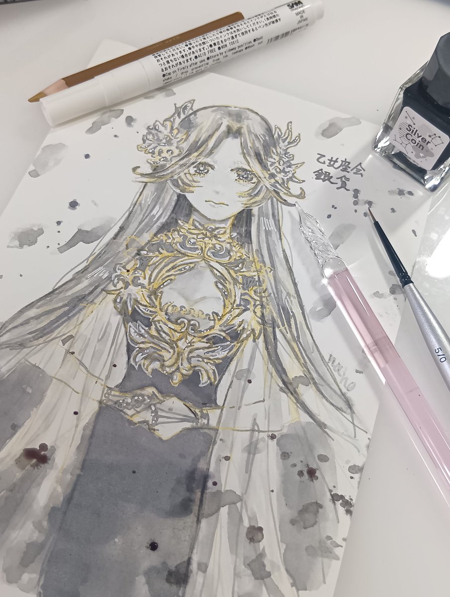 puwapuwa_foo's tweet photo. 沼ケ戦利品(@otomezakai )さんの銀貨で描かせていただきました！！！色の濃淡が綺麗でオシャレすぎます…！
乾く過程でインクの色合いがどんどん変わって���くのが楽しいです…！
#インク沼 https://t.co/0KTx1AounH