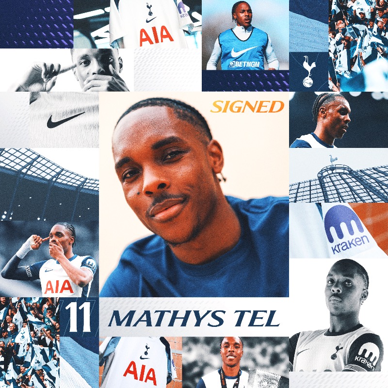 SpursOfficial's tweet photo. We are delighted to announce the permanent signing of Mathys Tel from Bayern Munich on a contract that will run until 2031 ✍️