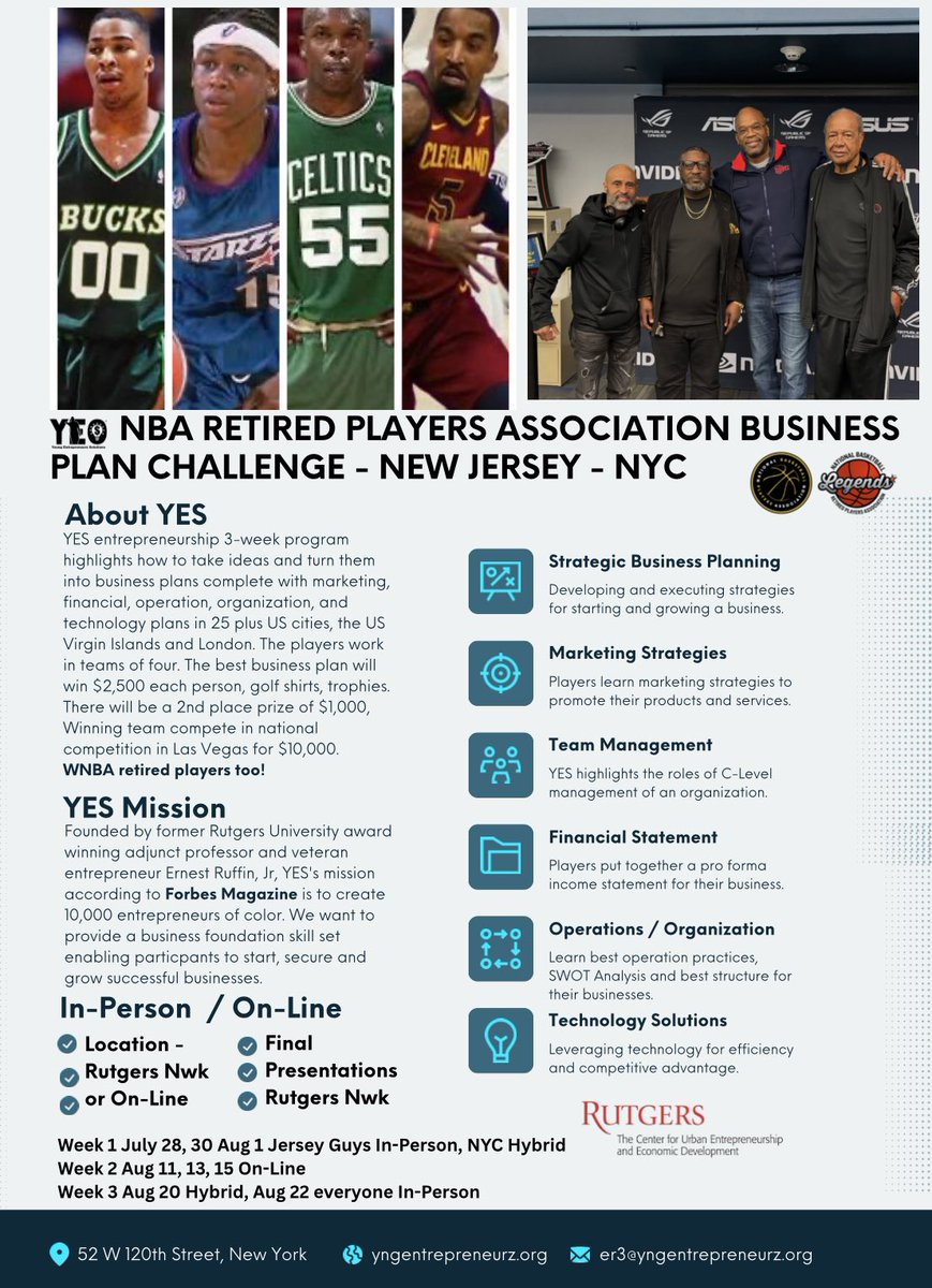 Calling all retired NBA &amp; WNBA Players to come learn entrepreneurship take part in the YES Business Plan Challenge and the chance to win $2,500 each team member, then on to Vegas for a grand prize of $10,000 each.