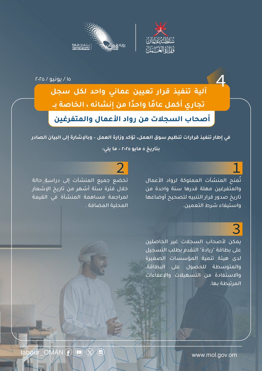 تعلن الوزارة عن آليات تنفيذ قرار تعيين عماني واحد لكل سجل تجاري أكمل عاماً واحدًا من إنشائه
<a href="/OmanChamber/">غرفة تجارة وصناعة عُمان</a> 
<a href="/Tejarah_om/">وزارة التجارة والصناعة وترويج الاستثمار - عُمان</a> 
<a href="/riyadaom/">هيئة تنمية المؤسسات الصغيرة والمتوسطة</a> 
#وزارة_العمل