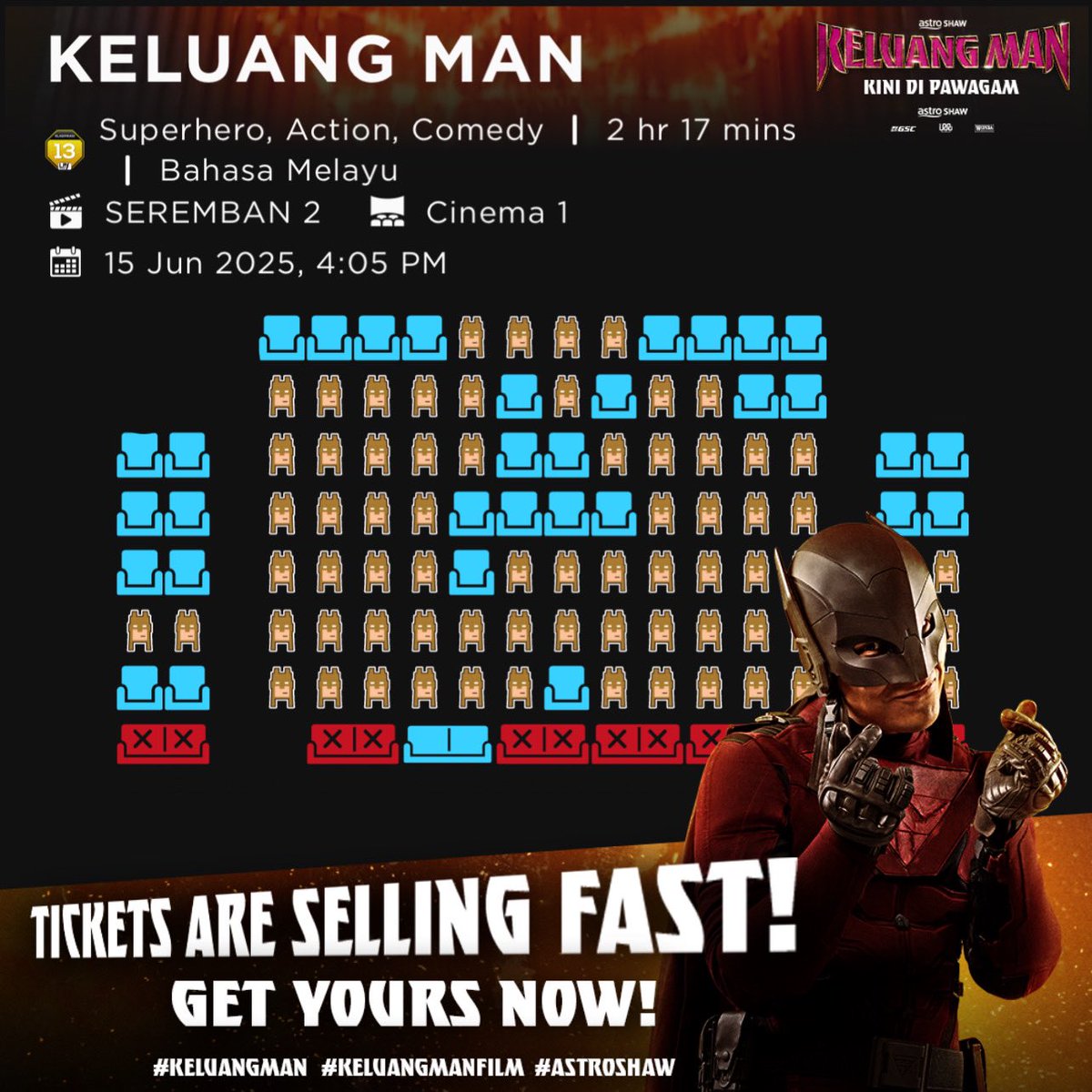 AstroShaw's tweet photo. Dah banyak hall yang penuh! Cepat book tiket korang sekarang! 🏃🏻‍♂️💨

KITA ENJOi!!! Keluang Man kini di pawagam. Dapatkan tiket sekarang! 🎟️

#KeluangMan #KeluangManFilm #AstroShaw #WONDACoffee #KeluangManWondaCoffee https://t.co/U2BGgdGrmz