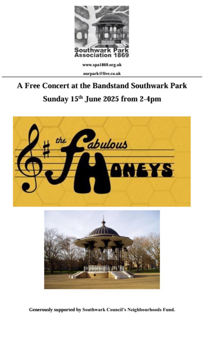 Rotherhithe Connections - People & Place (@irotherhithe) on Twitter photo Sunday June 15 2-4pm
Free concert at the Bandstand #SouthwarkPark
"The Fabulous Honeys"
Supported by <a href="/lb_southwark/">Southwark Council</a> Neighbourhoods Fund
<a href="/OldFriendsSPark/">“Old & New” Friends of Southwark Park 🌳</a>
<a href="/RotherhitheLab/">Rotherhithe Cllrs</a>
<a href="/AlisonClayburn/">Alison Clayburn</a> Sunday June 15 2-4pm
Free concert at the Bandstand #SouthwarkPark
"The Fabulous Honeys"
Supported by <a href="/lb_southwark/">Southwark Council</a> Neighbourhoods Fund
<a href="/OldFriendsSPark/">“Old & New” Friends of Southwark Park 🌳</a>
<a href="/RotherhitheLab/">Rotherhithe Cllrs</a>
<a href="/AlisonClayburn/">Alison Clayburn</a>