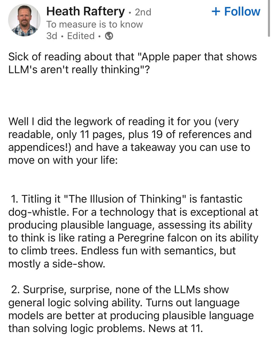 cyb3rops's tweet image. Yes, LLMs don’t think. Apple’s paper shows they fail at logic.

But they guess so well, they already outperform mediocre white-collar work – junior coding, copywriting, design, even legal boilerplate.

The risk isn’t in jobs that require real thinking. It’s in the ones where…