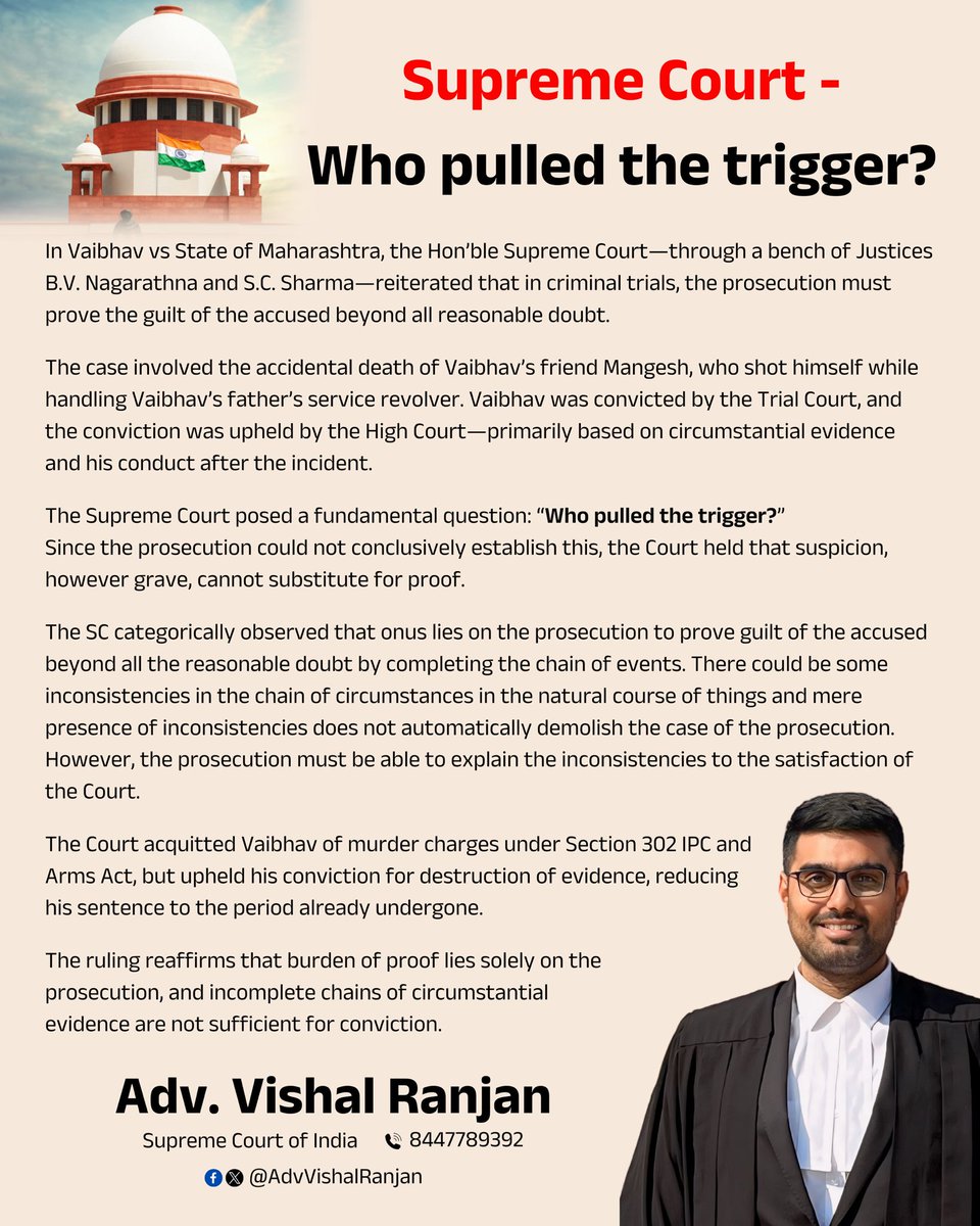 AdvVishalRanjan's tweet photo. Who pulled the trigger?
#SupremeCourt #CriminalLaw #PresumptionOfInnocence #BeyondReasonableDoubt #Section302 #EvidenceLaw #LegalUpdate #VishalRanjan https://t.co/xGoGI4cQRZ