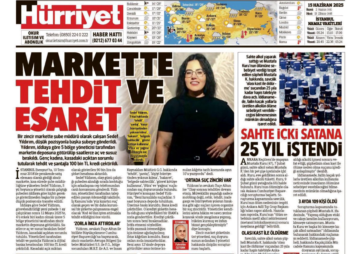 📍Sedef Yıldırım bir zincir markette 8 yıl çalıştı. Bunun 5 yılında şube müdürüydü. Bu 8 yılda tek bir uyarı bile almadı. 

📍Sonra bir anda şubesi değiştirildi, pozizyonu düşürüldü. Yeni şubesindeki birinci ayının sonunda 5 yönetici tarafınfan "hırsızlıkla" suçlandı.

📍O 5