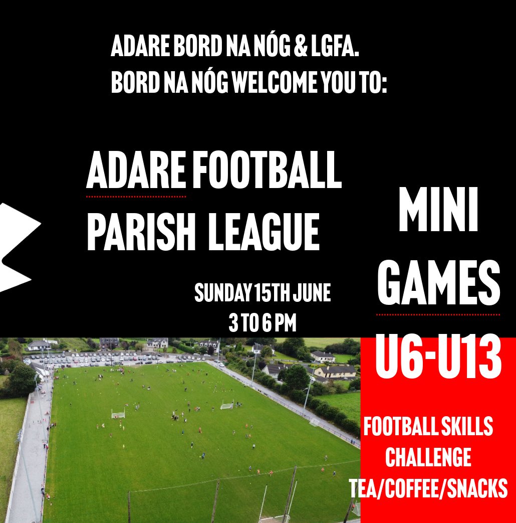 AdareGAA's tweet image. A special collaboration today with @adarelgfc
Please join us this afternoon from 3pm in the Adare Gaa Pitch 🟥⬛️
