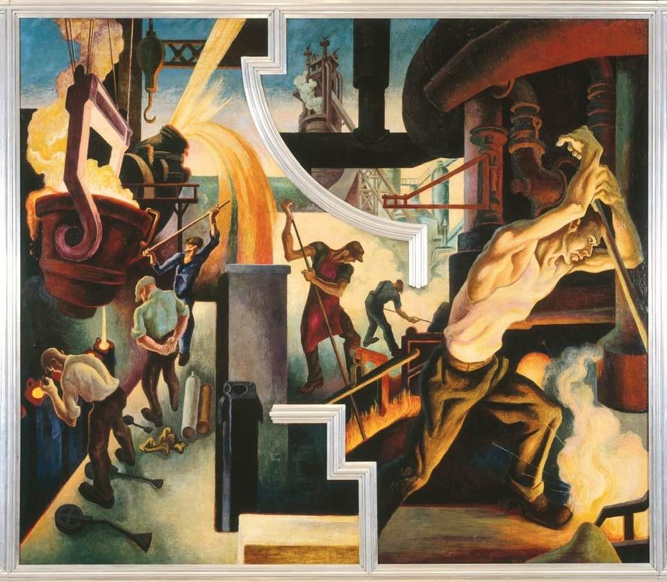 thevidgoo's tweet image. Thomas Hart Benton, American, 1889–1975, "Steel", 1930–31. Oil on canvas. Met NYC. This painting is a part of Thomas Hart Benton's "America Today" mural.