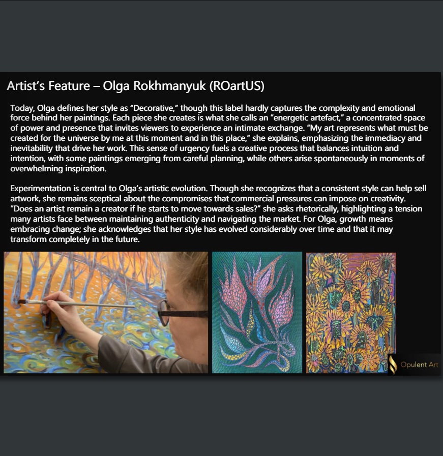 RO_Art_US's tweet photo. Dear friends,
Some time ago I was written about in
Opulent Art - The Global Art Magazine, Issue 18.
page 27 - 31
@opulentartgallery I sincerely thank you for your attention to me π
https://t.co/O7QfOkaO59
#artist #painting #ROArtUS #ro_art_us #RokhmanyukOlga