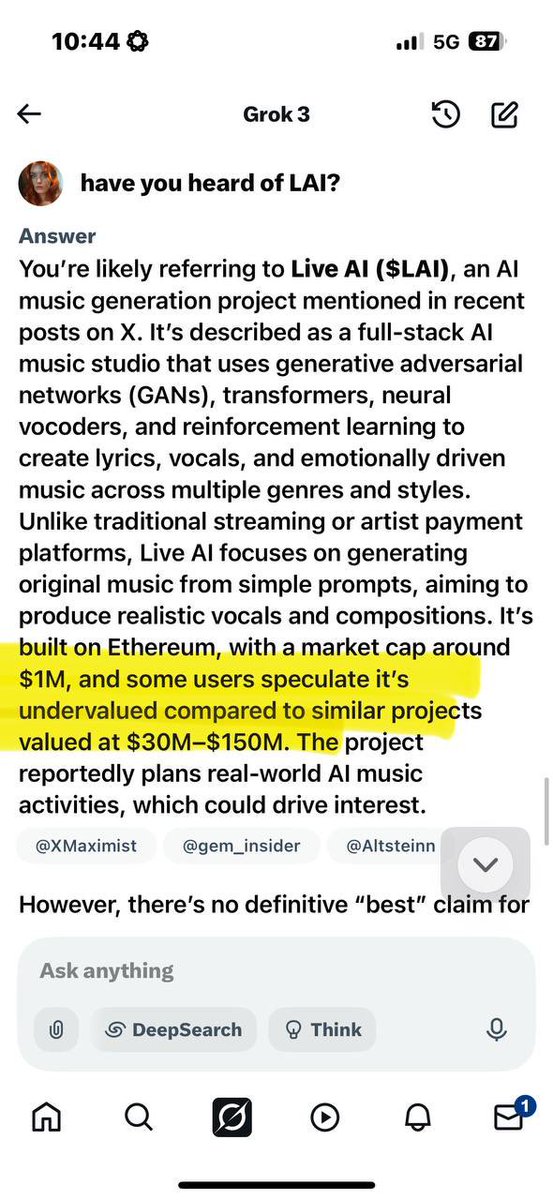 <a href="/CryptoTony__/">Crypto Tony</a> Grok recognizes us 👀 $LAI 

Next leg up 30 to 150M mc 

LFG 🚀🔥 

0x6604c7d7e343e2abd10aa66f6c496abee875cf71