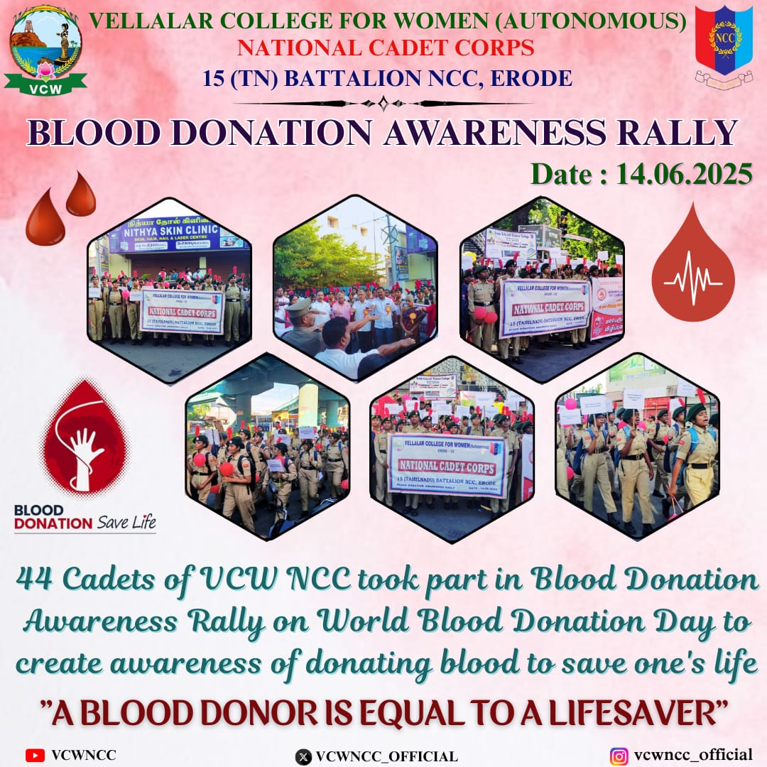 vcwncc's tweet image. On World Blood Donor Day,our VCW NCC cadets joined the rally to remind a single donation can save up to three lives!

Saving lives is in your blood!
@NCCDte_TNPAN @HQ_DG_NCC @erodencc @Ko_Champions #vcw #NCC