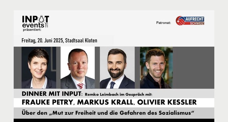 Frauke Petry (@fraukepetry) on Twitter photo Noch keine Idee für den nächsten Freitag? Lust auf eine spannende Diskussion und ein feines Abendessen in Kloten? <a href="/Teamfreiheit25/">Team Freiheit</a> ist an Bord!
inputevents.ch/events/dinnerm… Noch keine Idee für den nächsten Freitag? Lust auf eine spannende Diskussion und ein feines Abendessen in Kloten? <a href="/Teamfreiheit25/">Team Freiheit</a> ist an Bord!
inputevents.ch/events/dinnerm…