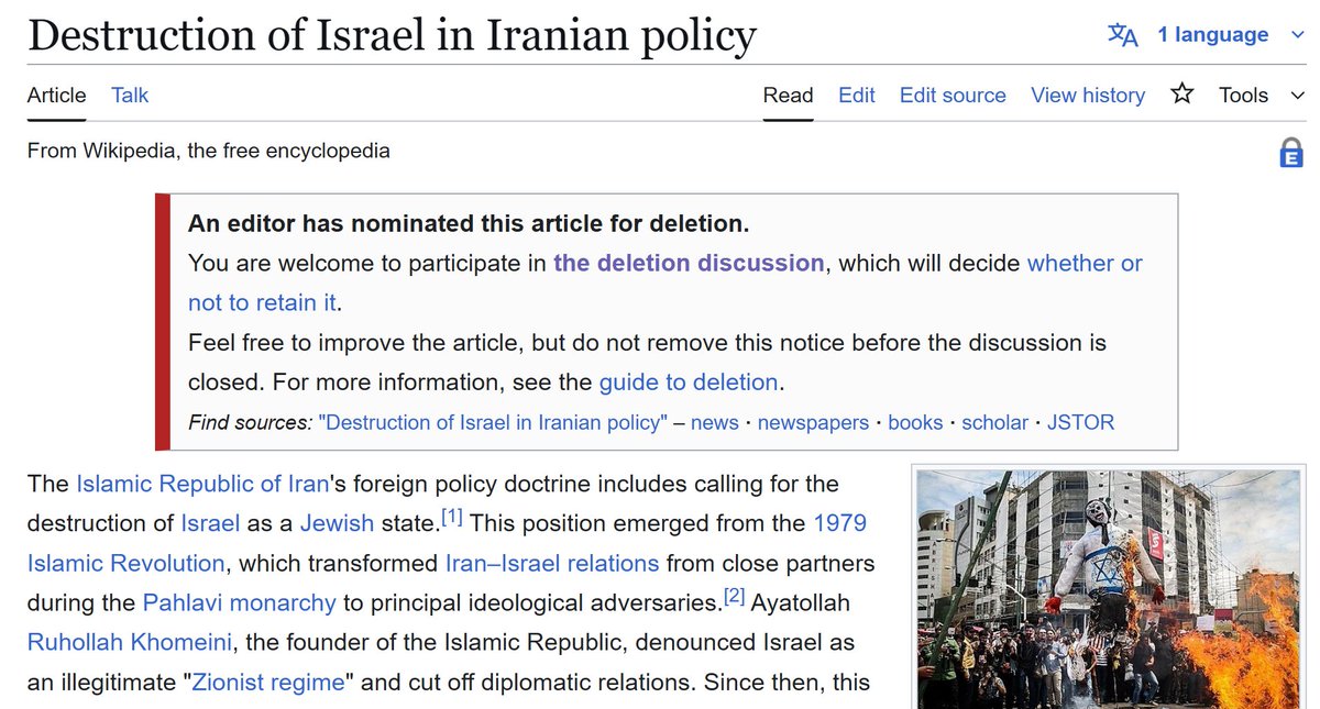 Iran's accelerating pursuit of nuclear weapons capability threatens Israel. Senior Iranian officials have repeatedly vowed to destroy Israel.

Yet, Wikipedia considers the article "Destruction of Israel in Iranian Policy" unnecessary and has nominated it for deletion.
