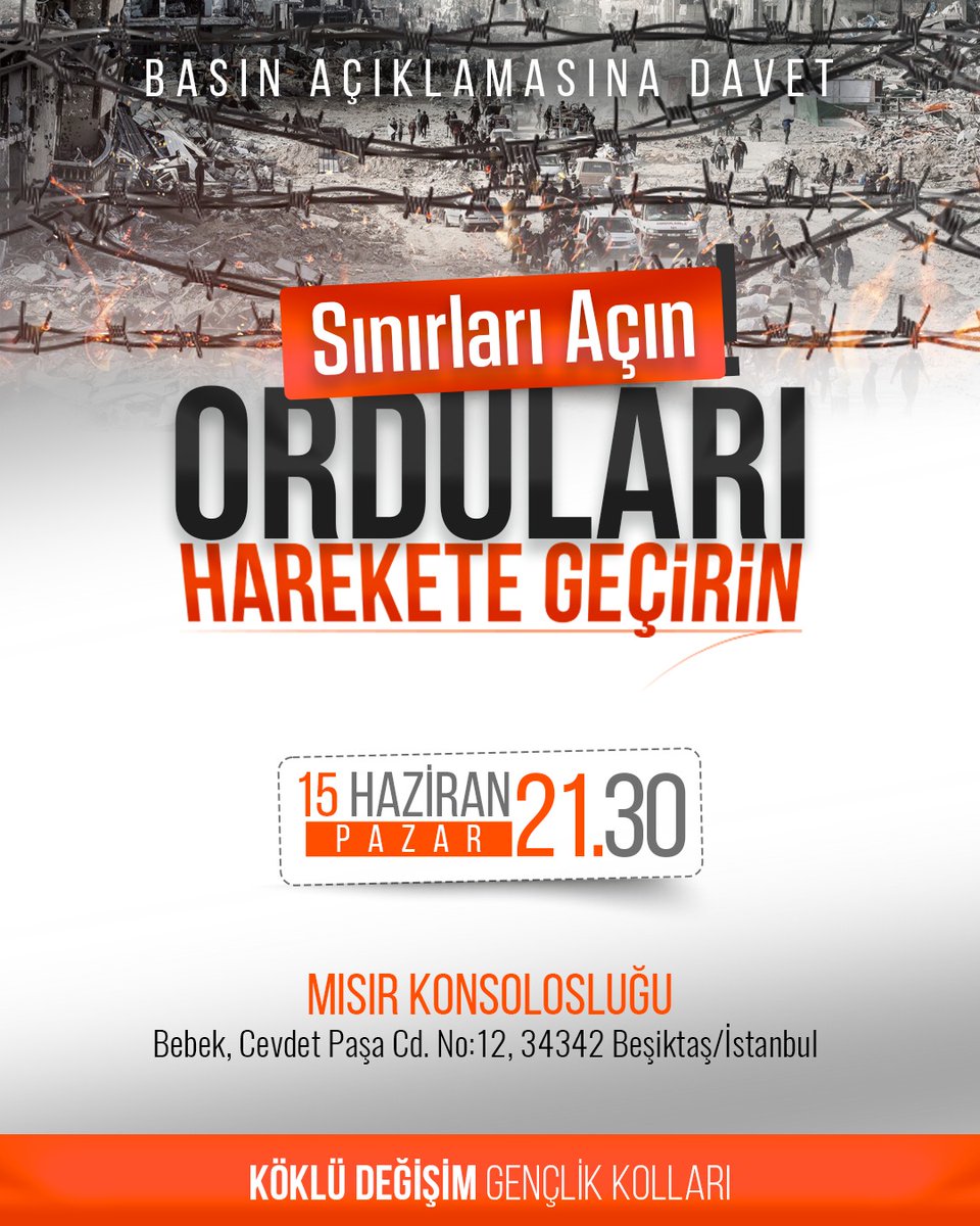 📢 BASIN AÇIKLAMASI
“Sınırları Açın! Orduları Harekete Geçirin!” 

Gazze kan ağlarken, Müslümanlar açlıkla ve bombalarla katledilirken. Müslümanlar yardıma koştu. Ancak Mısır rejimi, yardım konvoyuna abluka uygulayarak zalimlere yoldaşlık etmiştir!

Sınırları kapatarak,