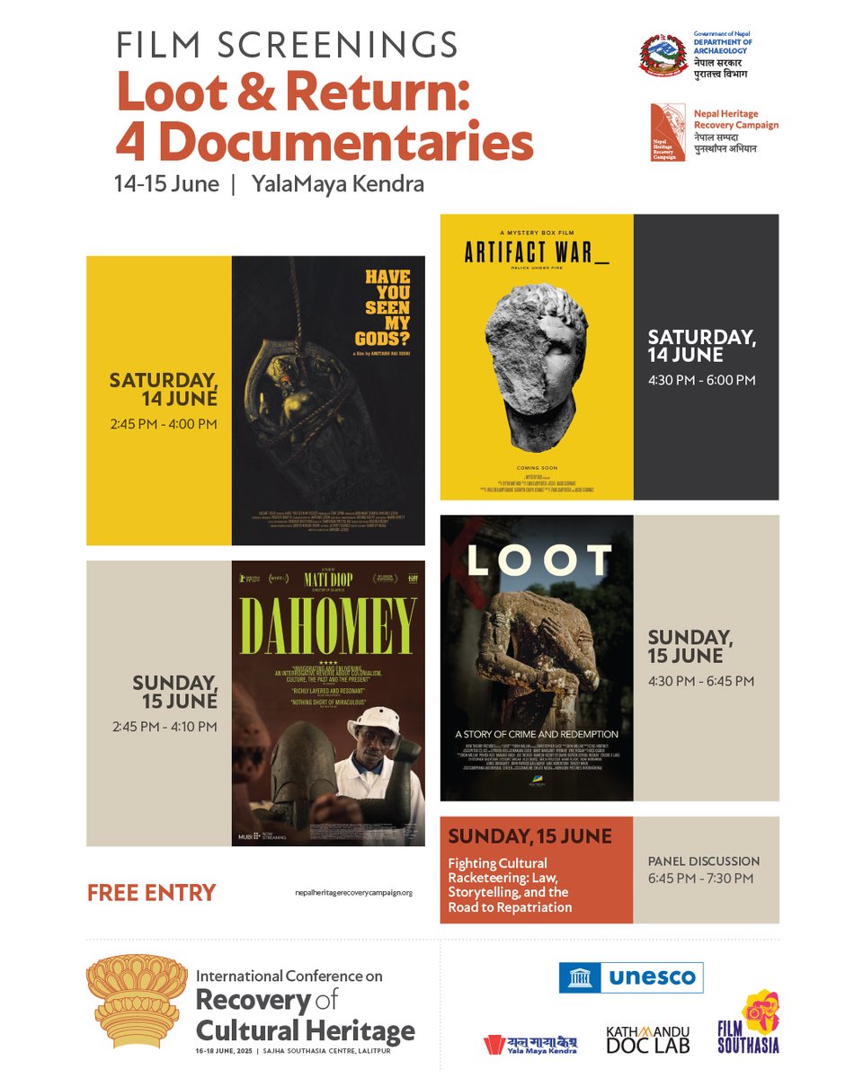 Enjoyed 2 documentaries - “Have You Seen My Gods?” &amp; “Artifact War” yesterday. Looking forward to 2 more - "Dahomey" &amp; "Loot" today followed by a panel discussion.
If you are interested in recovery of our heritage, please join at Yala Maya Kendra starting at 2:45 &amp; 4:30 pm. Free.
