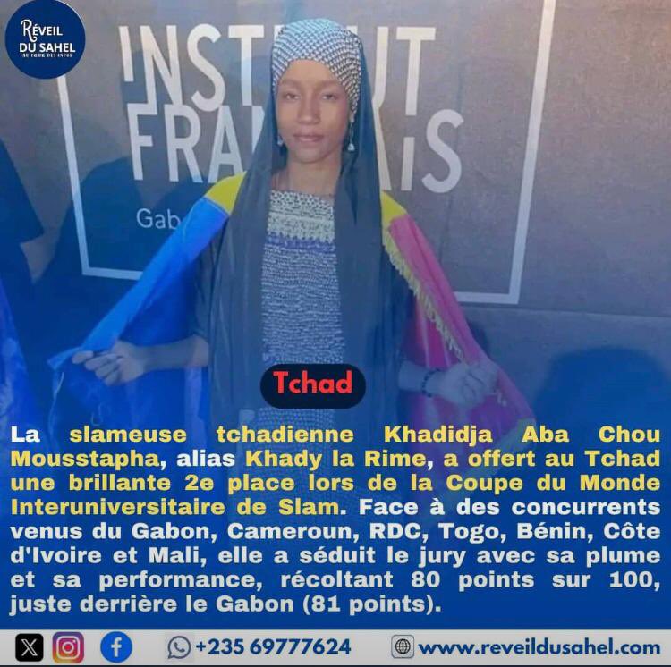 🥈Bravo à Khadidja Aba Chou, Jeune Ambassadeur Francophone #JAF du Tchad, qui a obtenu la médaille d’argent à la coupe du monde interuniversitaire de slam ! 👏 👏🏿👏🏾 🥈
Grâce à son talent exceptionnel, elle représentait le Tchad à cette prestigieuse compétition internationale.