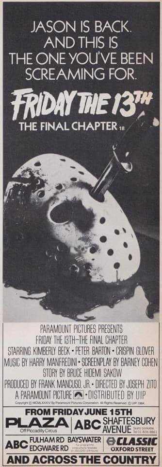 Forty-one years ago today, this was the one UK cinema audiences had been screaming for... #FridayThe13thTheFinalChapter #FridayThe13th #1980s #film #films #JosephZito #JasonVoorhees #ErichAnderson #JudieAronson #HorrorMovies #horror