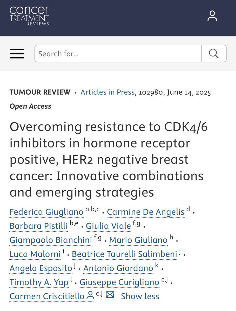 📢 Just out in Cancer Treatment Reviews!
We explore a key challenge in HR+/HER2– BC: resistance to CDK4/6i.
💡 Why it happens
🔄 How to overcome it with combos
🚀 What’s next
Proud of the great collaborative effort behind this work.
📖 doi.org/10.1016/j.ctrv…